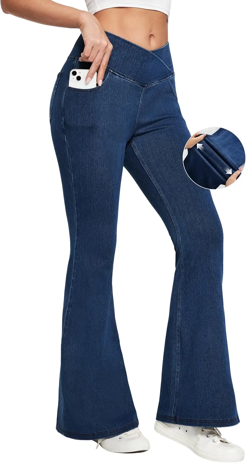 Ewedoos Flare Bell Bottom Jeans for Women Jeggings Tummy Control High Waisted Stretchy Crossover Pull On Jeans