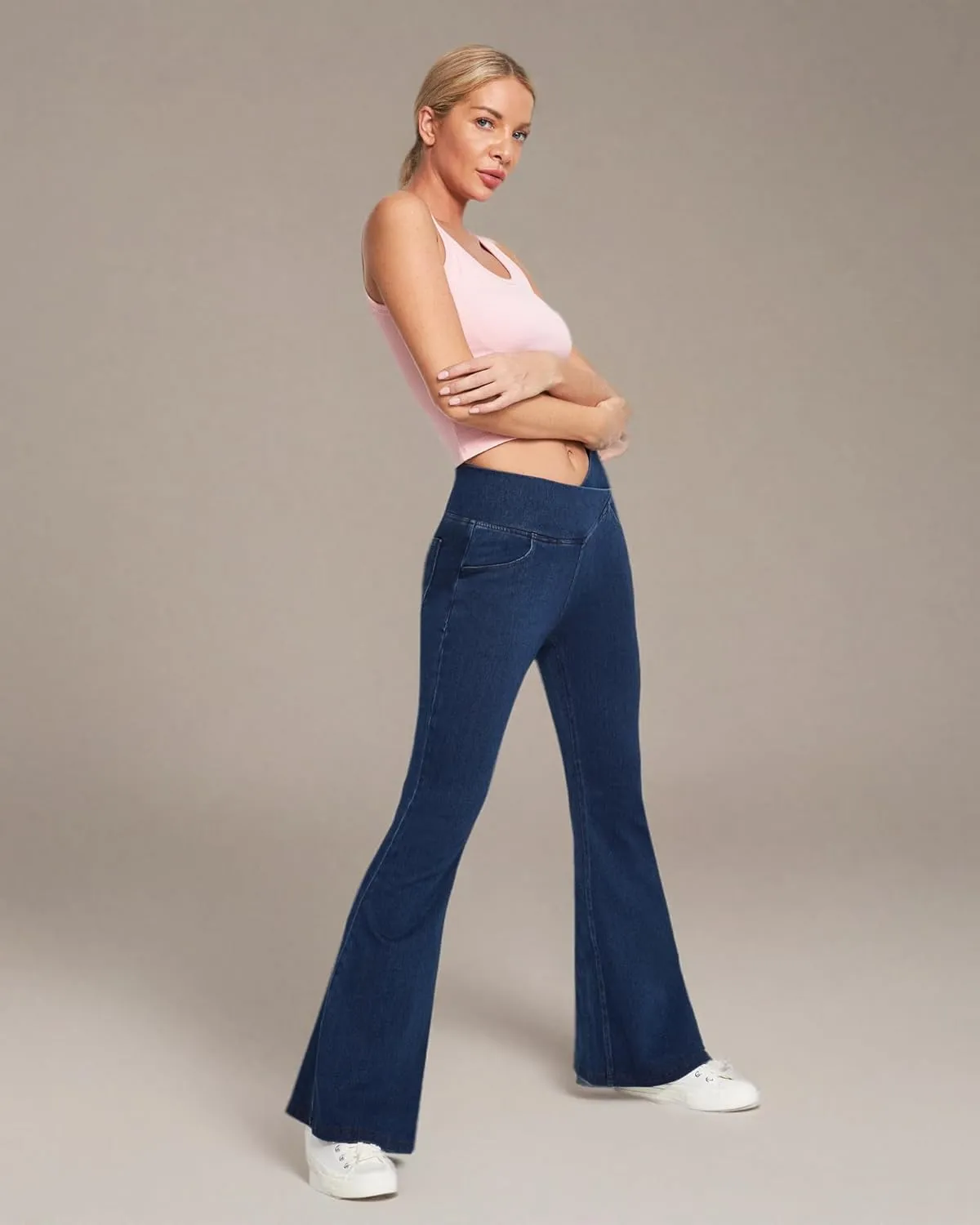 Ewedoos Flare Bell Bottom Jeans for Women Jeggings Tummy Control High Waisted Stretchy Crossover Pull On Jeans