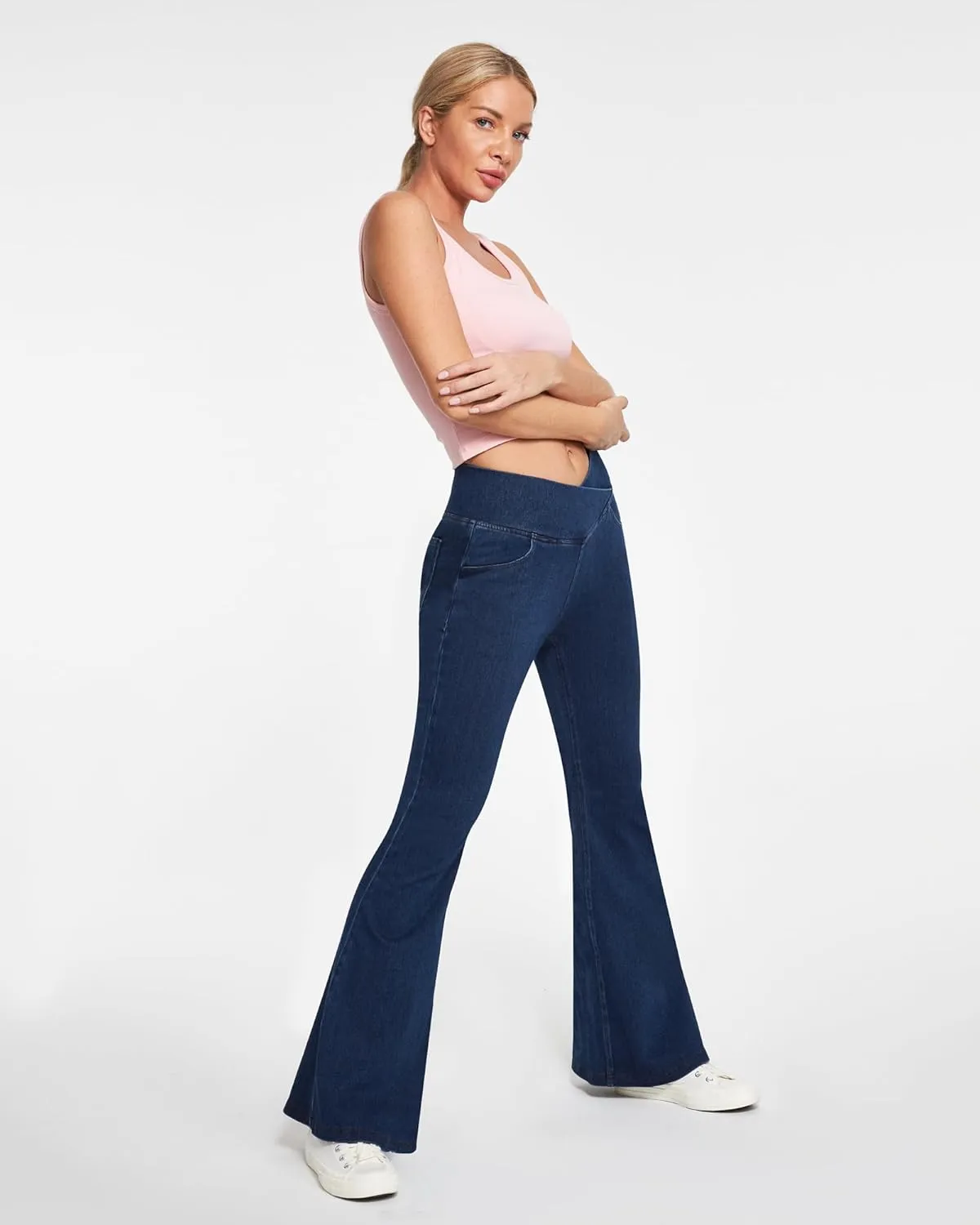 Ewedoos Flare Bell Bottom Jeans for Women Jeggings Tummy Control High Waisted Stretchy Crossover Pull On Jeans