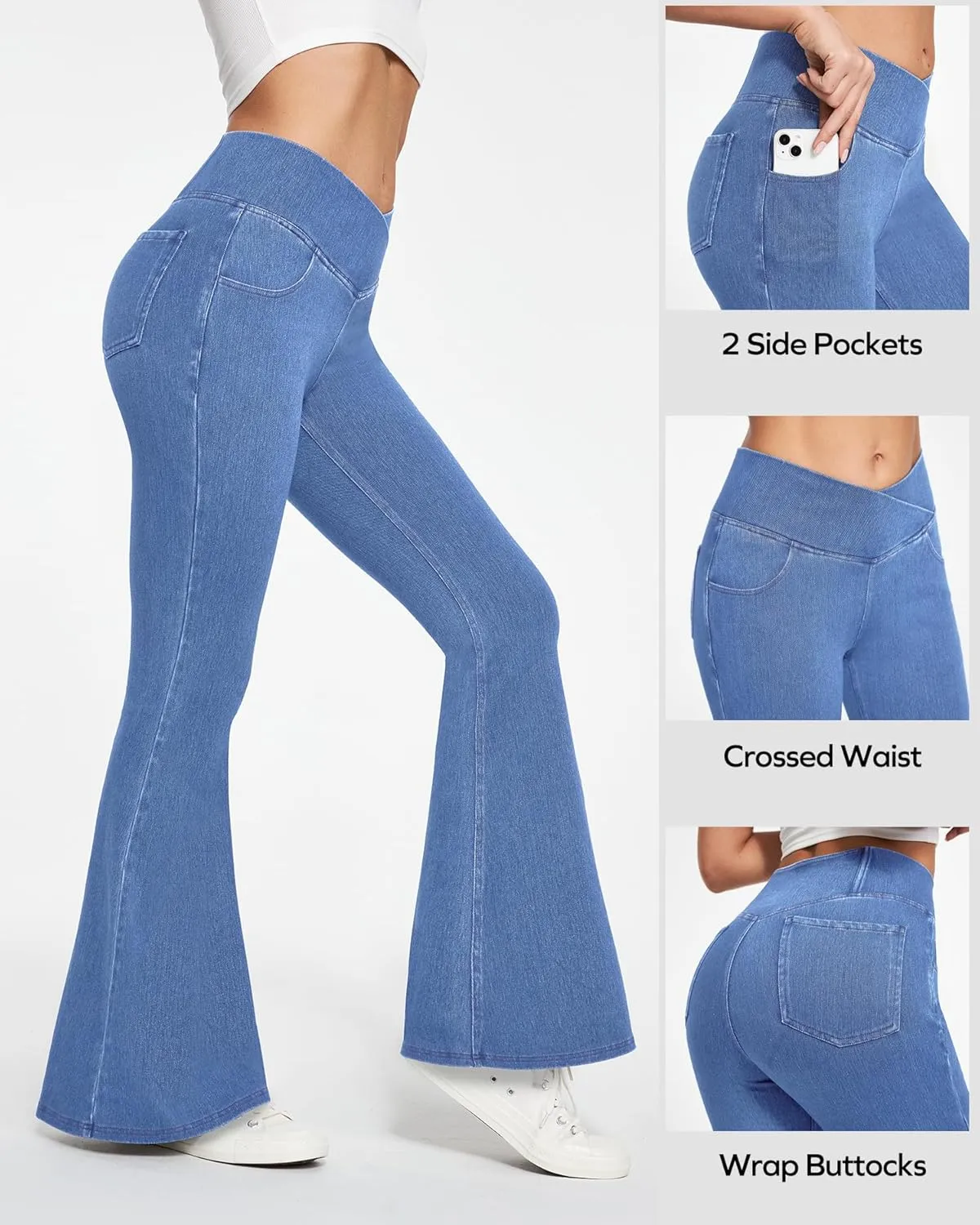 Ewedoos Flare Bell Bottom Jeans for Women Jeggings Tummy Control High Waisted Stretchy Crossover Pull On Jeans