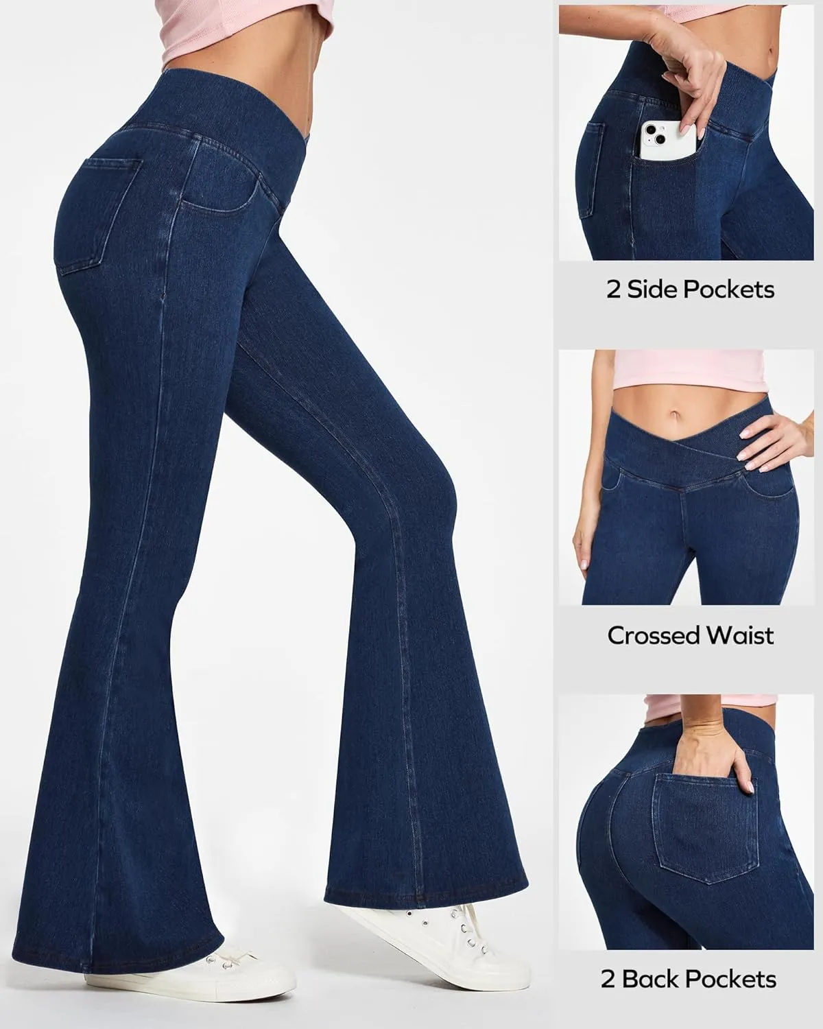 Ewedoos Flare Bell Bottom Jeans for Women Jeggings Tummy Control High Waisted Stretchy Crossover Pull On Jeans