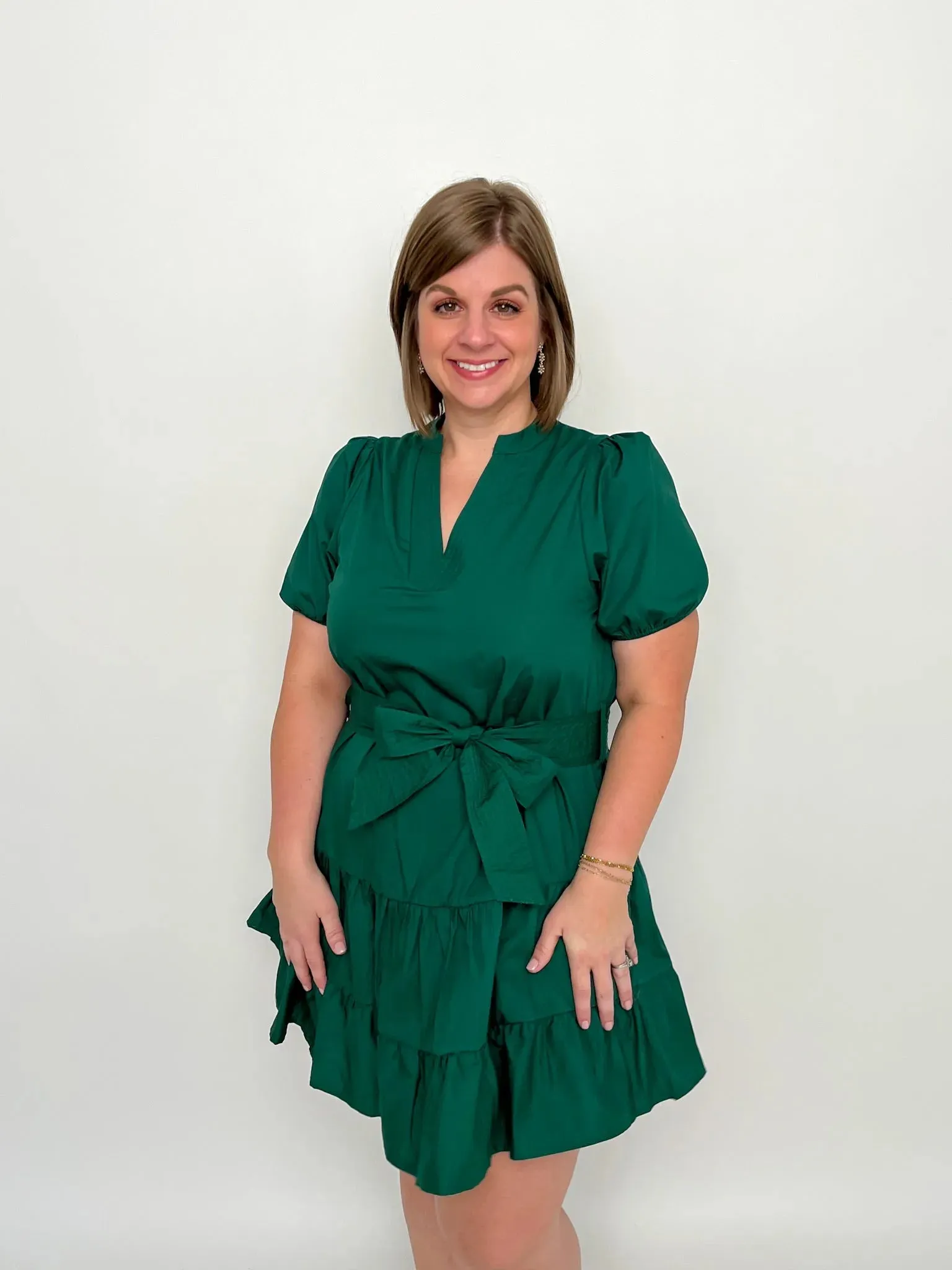 Forest Green V Neck Tie Waist Dress