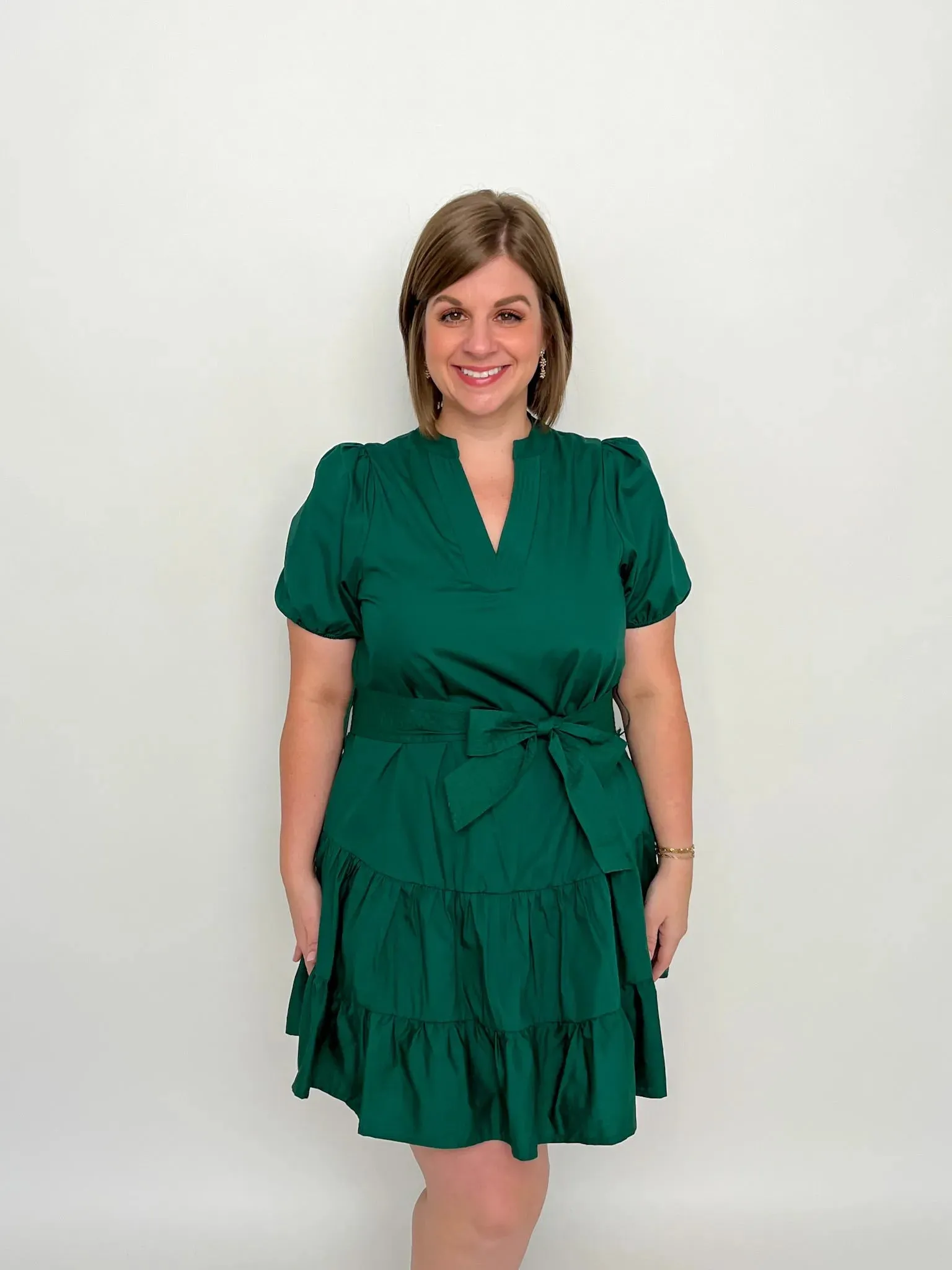 Forest Green V Neck Tie Waist Dress