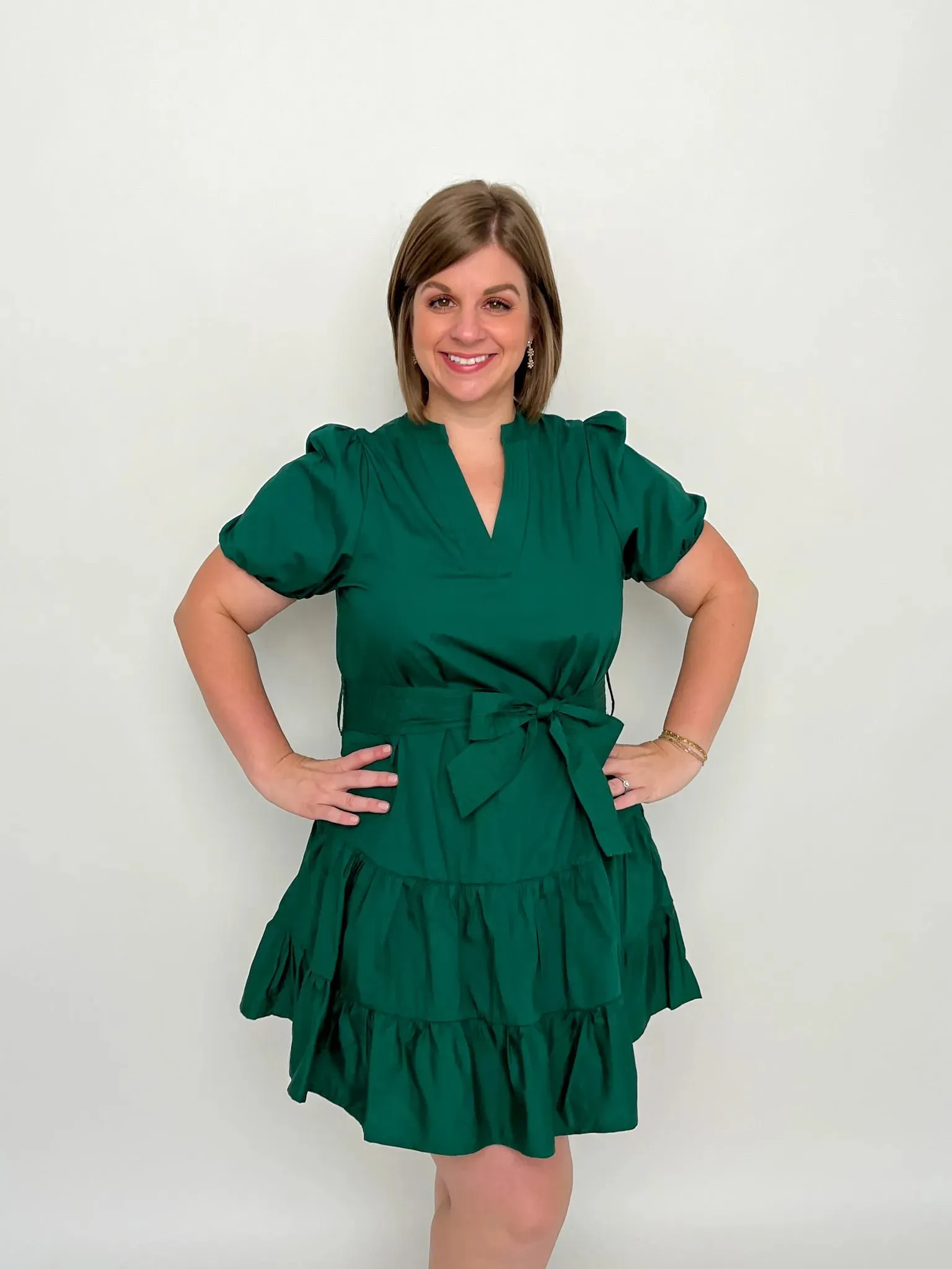 Forest Green V Neck Tie Waist Dress
