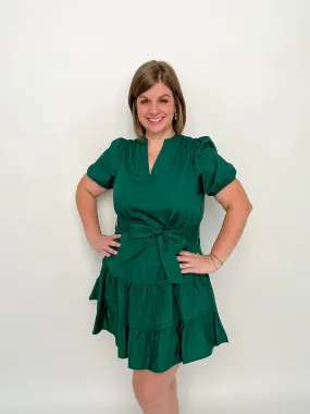 Forest Green V Neck Tie Waist Dress