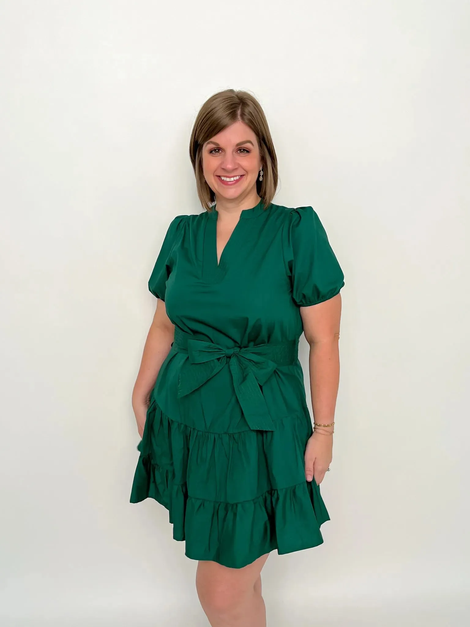 Forest Green V Neck Tie Waist Dress