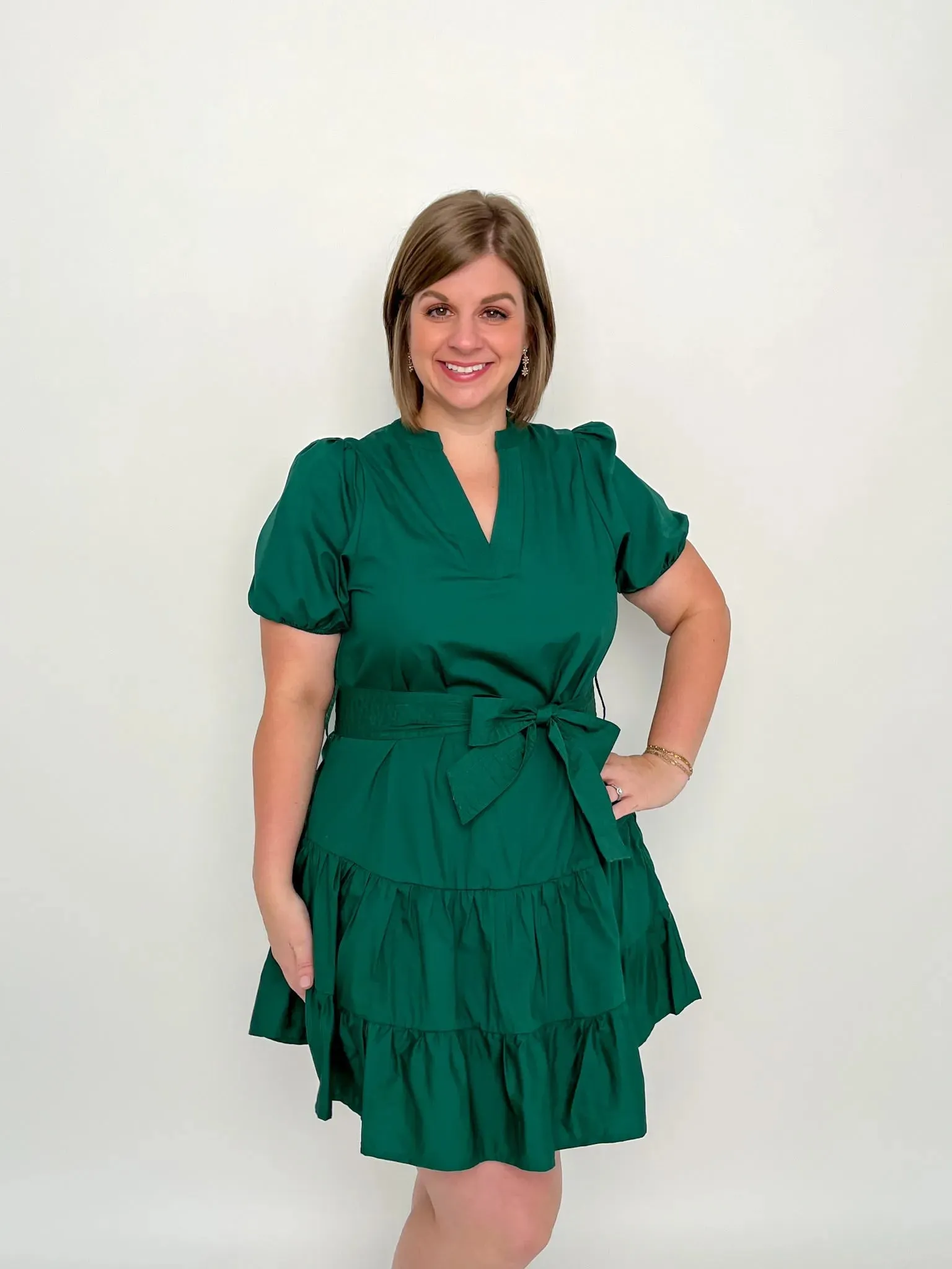 Forest Green V Neck Tie Waist Dress