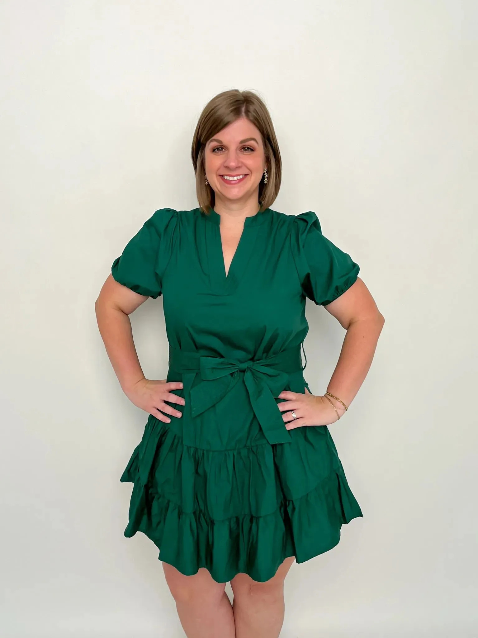 Forest Green V Neck Tie Waist Dress