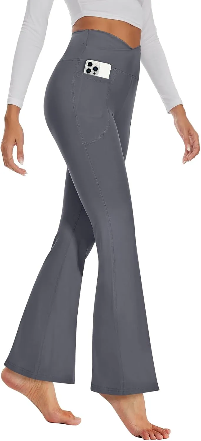 GAYHAY Flare Leggings for Women - Pockets Crossover Yoga Pants High Waist Tummy Control Bootcut Workout Flared Leggings