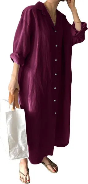 GGUHHU Womens Chic Button Down Rolled-Up Sleeve Long Cotton Blouse Maxi Dress