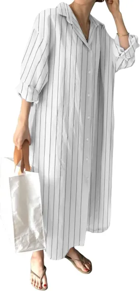 GGUHHU Womens Chic Button Down Rolled-Up Sleeve Long Cotton Blouse Maxi Dress