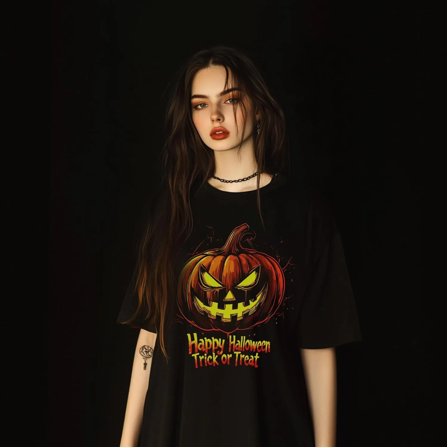Halloween Oversized Black Cotton T-Shirt with Pumpkin Face Print, Soft & Breathable, Thick Crew Neck Tee for Men and Women