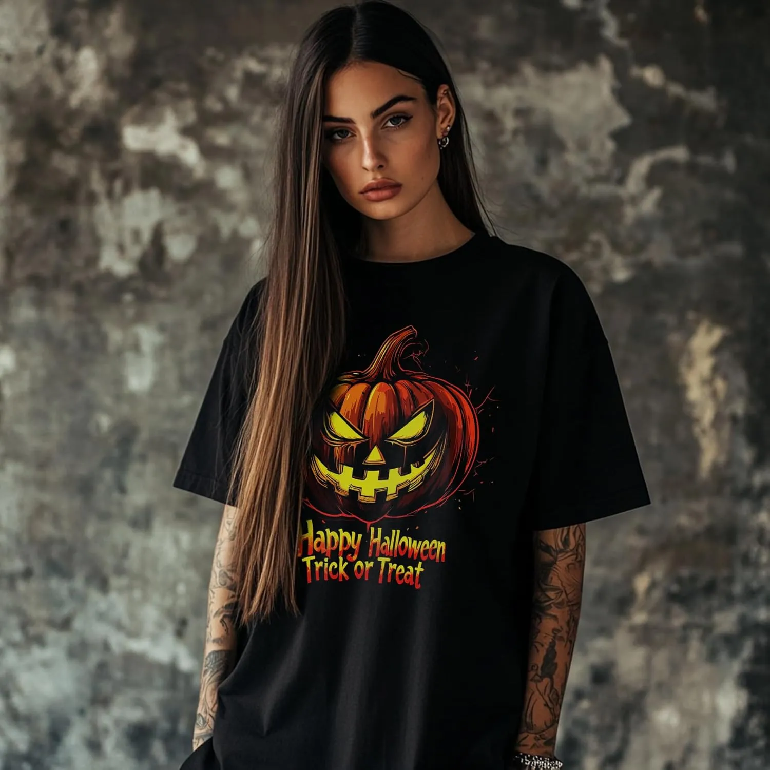 Halloween Oversized Black Cotton T-Shirt with Pumpkin Face Print, Soft & Breathable, Thick Crew Neck Tee for Men and Women
