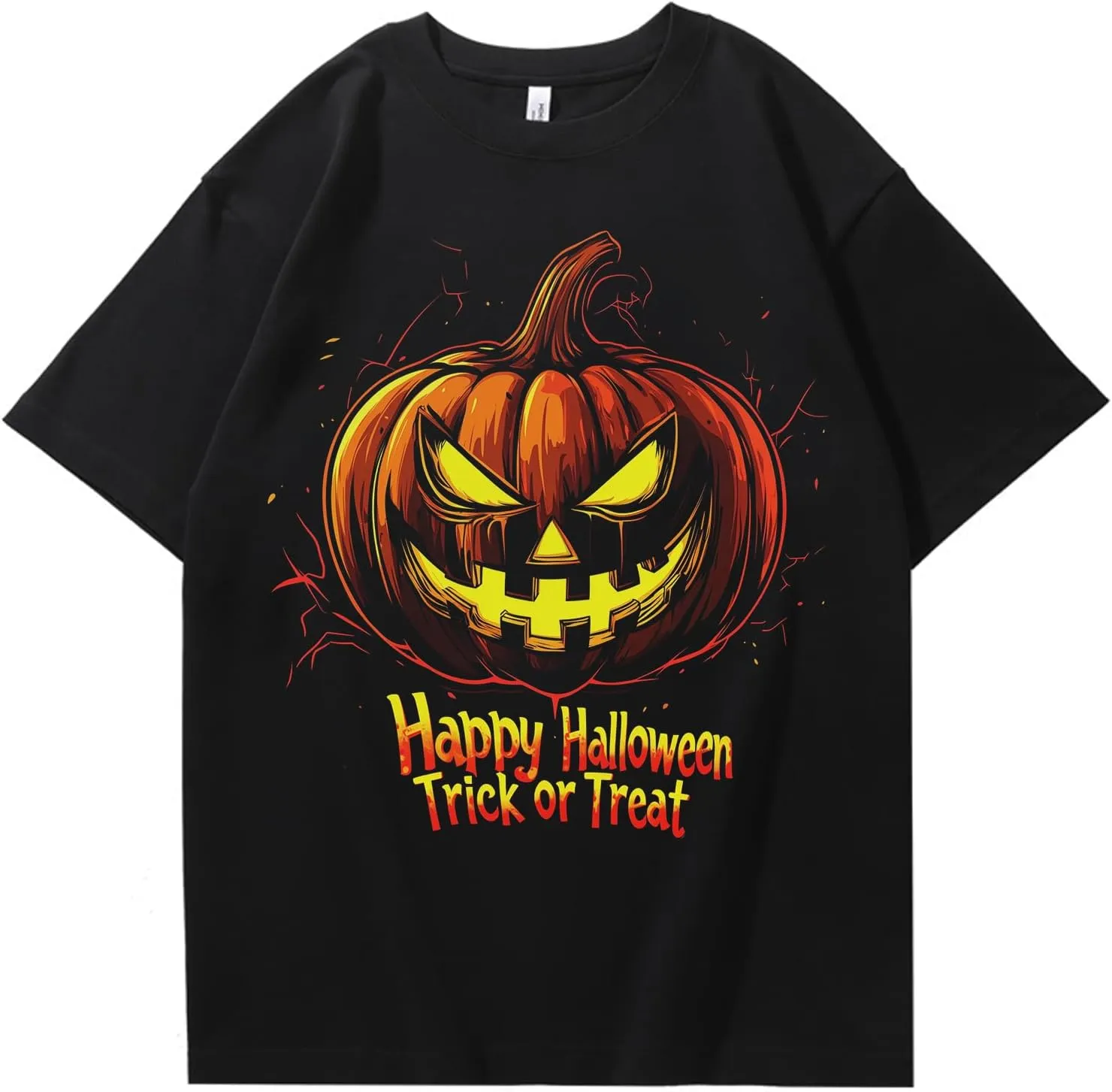 Halloween Oversized Black Cotton T-Shirt with Pumpkin Face Print, Soft & Breathable, Thick Crew Neck Tee for Men and Women