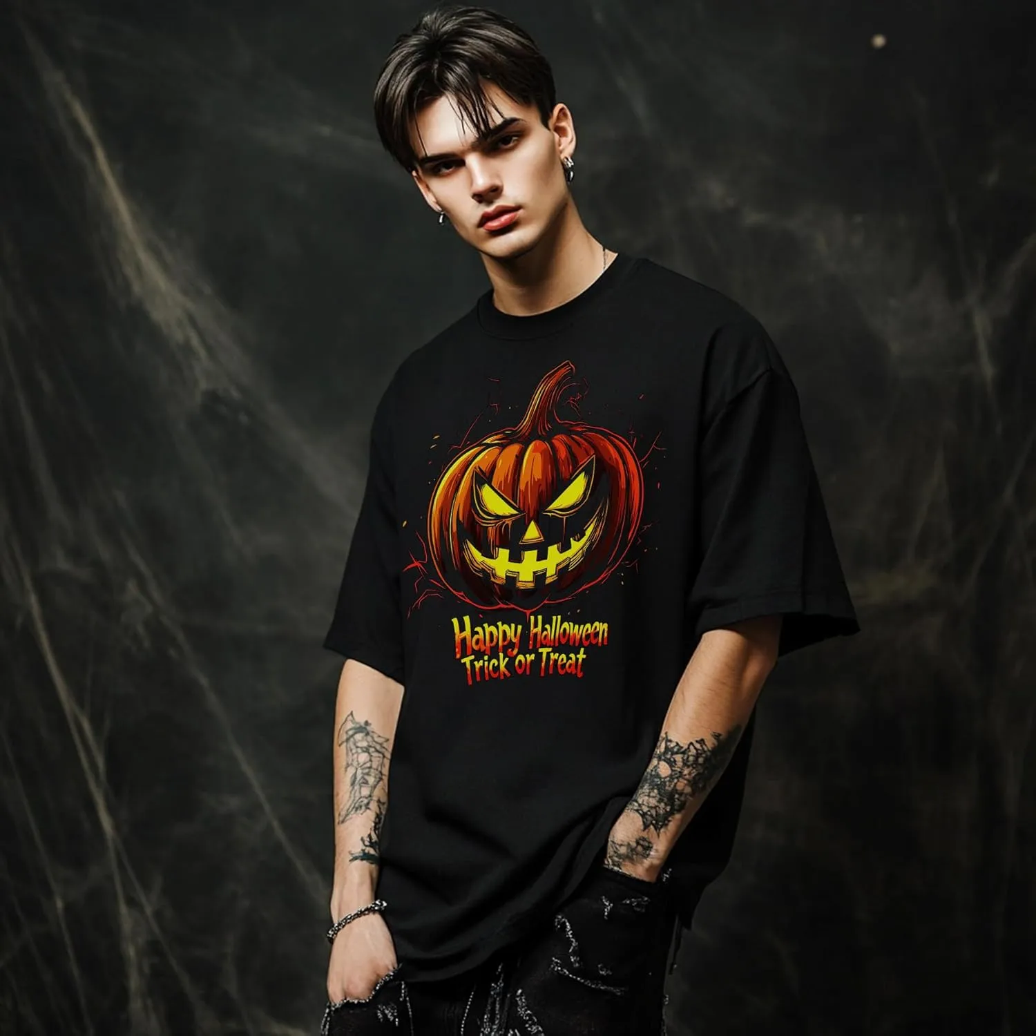 Halloween Oversized Black Cotton T-Shirt with Pumpkin Face Print, Soft & Breathable, Thick Crew Neck Tee for Men and Women