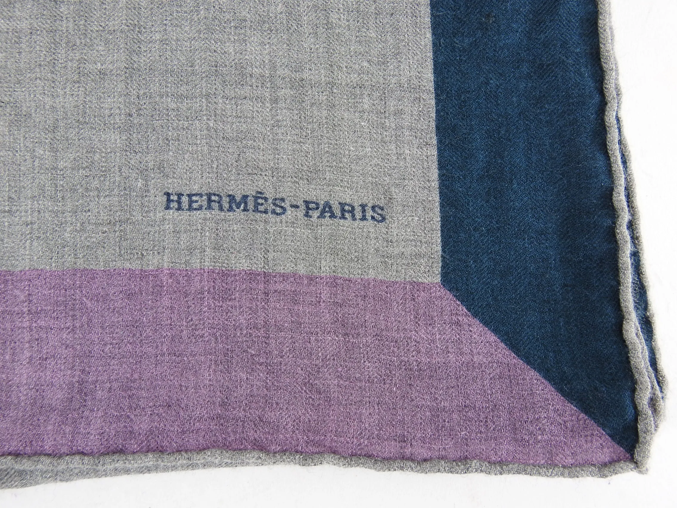 Hermes Cashmere Silk 140cm Shawl Wrap Grey with Purple Teal Border