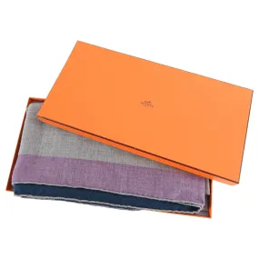 Hermes Cashmere Silk 140cm Shawl Wrap Grey with Purple Teal Border