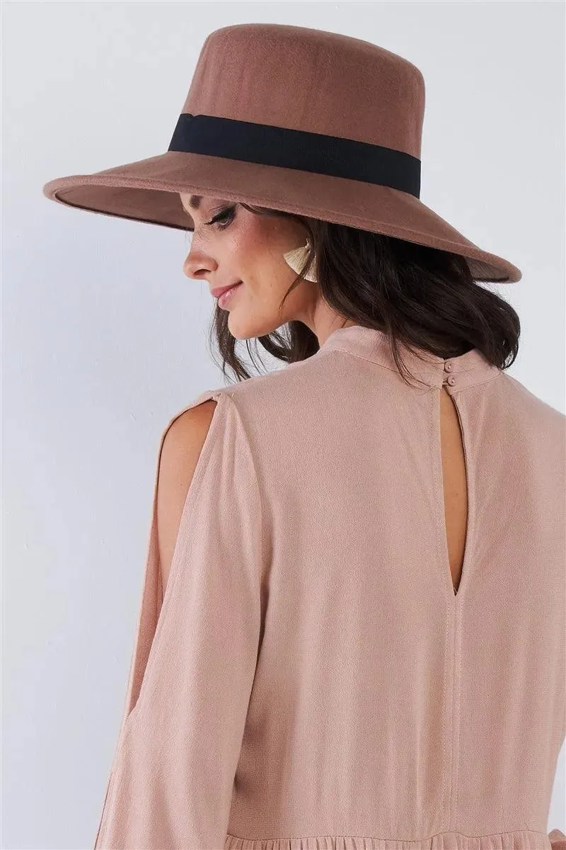 Khaki Felt Wide Brim Hat With Black Ribbon Band /3 Pieces