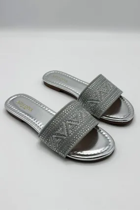 Kree Diamante Patterned Sliders in Silver