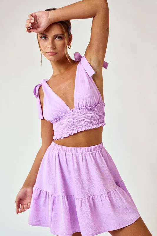 Lavender Shoulder Tie Smocked Top And Flowy Mini Skirt Set