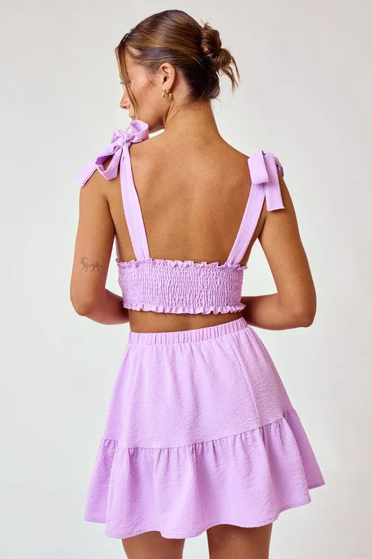 Lavender Shoulder Tie Smocked Top And Flowy Mini Skirt Set