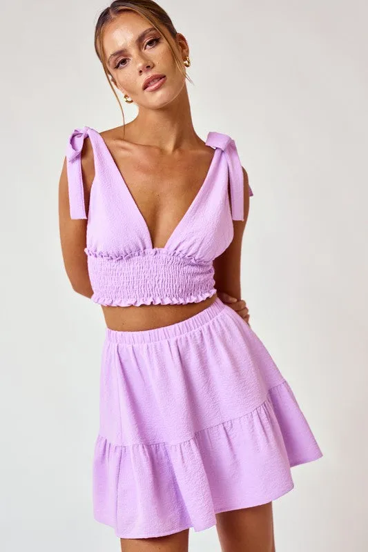 Lavender Shoulder Tie Smocked Top And Flowy Mini Skirt Set