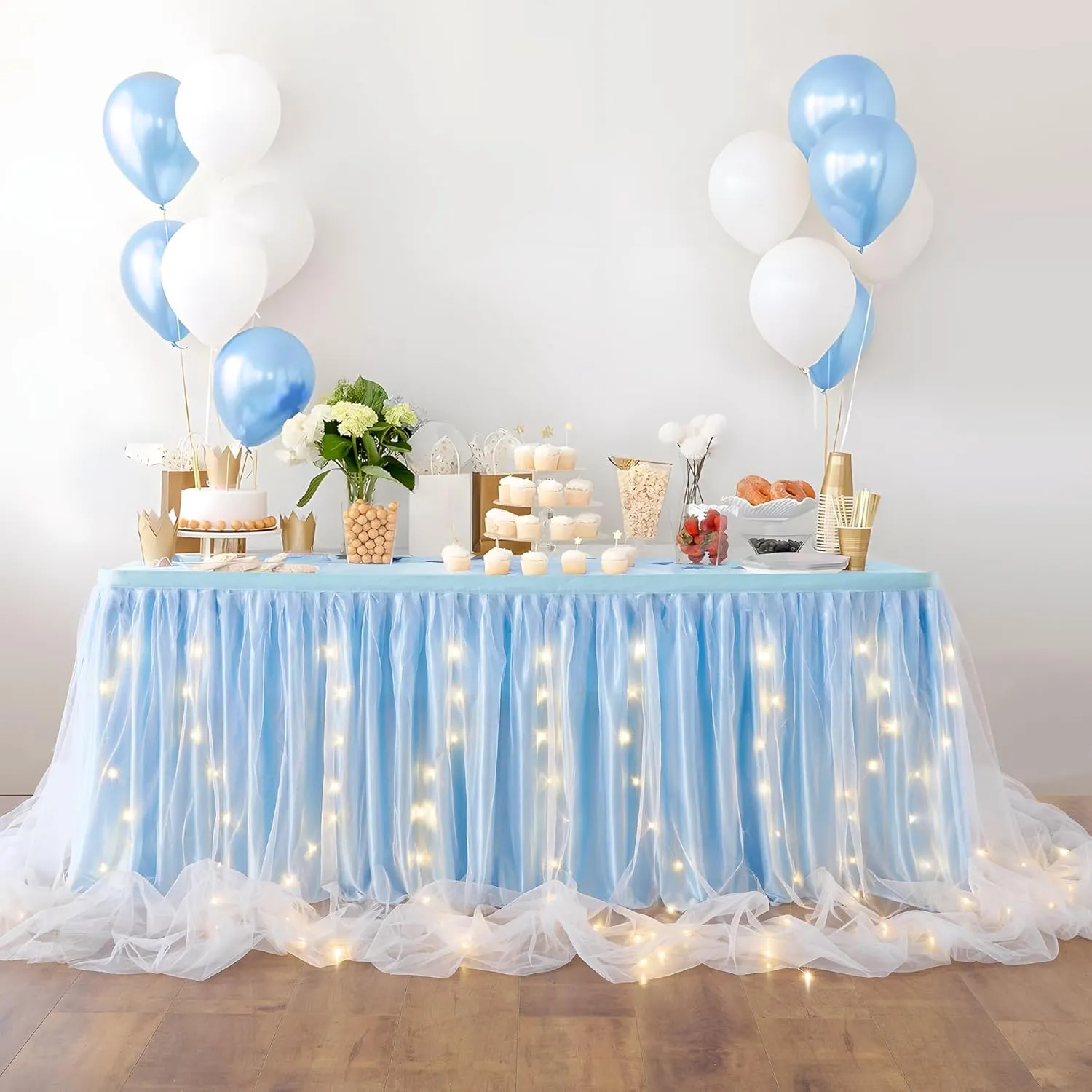 leegleri Baby Blue Tulle Tutu Table Skirt for Baby Shower Wedding and Birthday Party,LED Table Skirt for Rectangle Table (9 ft Table Skirt)