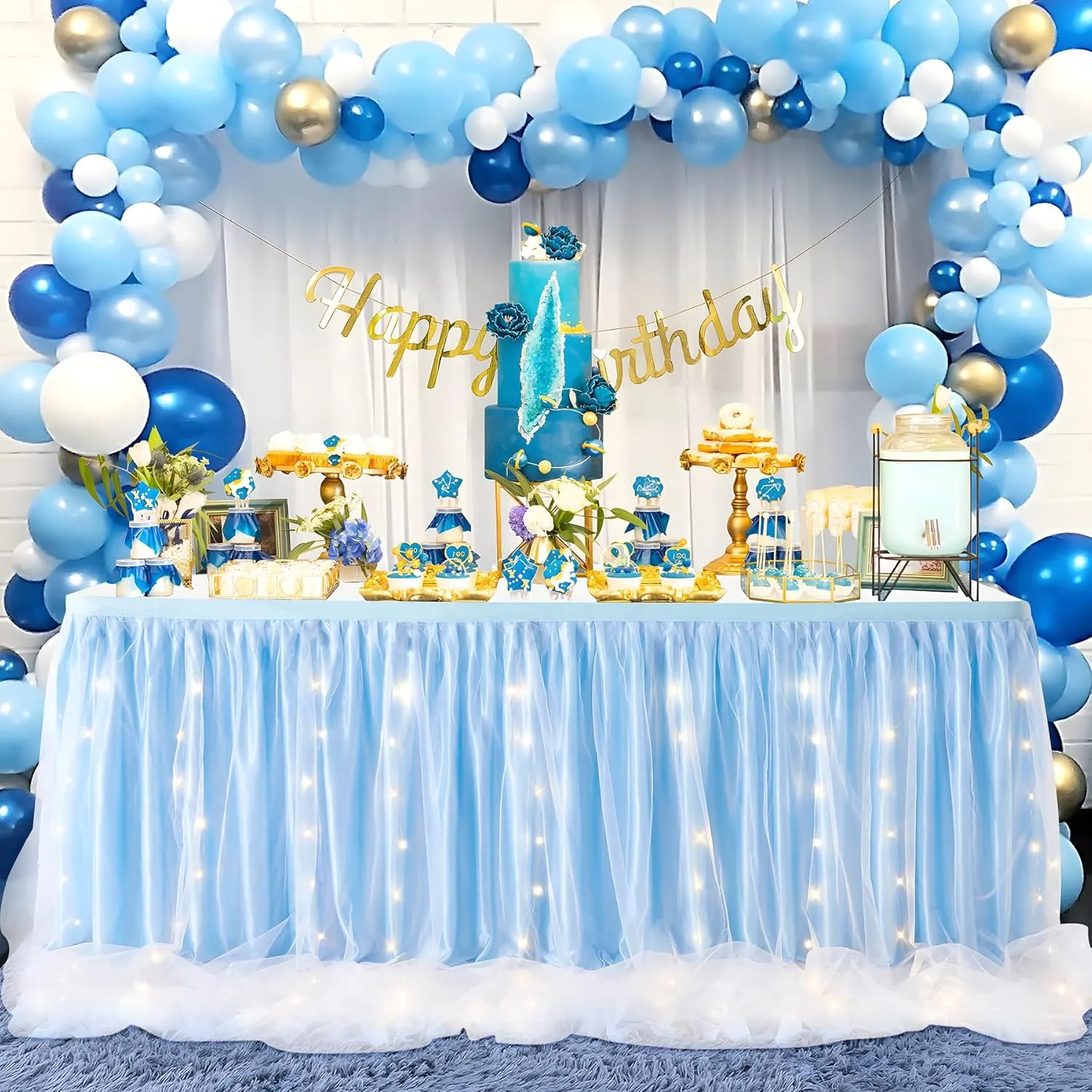 leegleri Baby Blue Tulle Tutu Table Skirt for Baby Shower Wedding and Birthday Party,LED Table Skirt for Rectangle Table (9 ft Table Skirt)