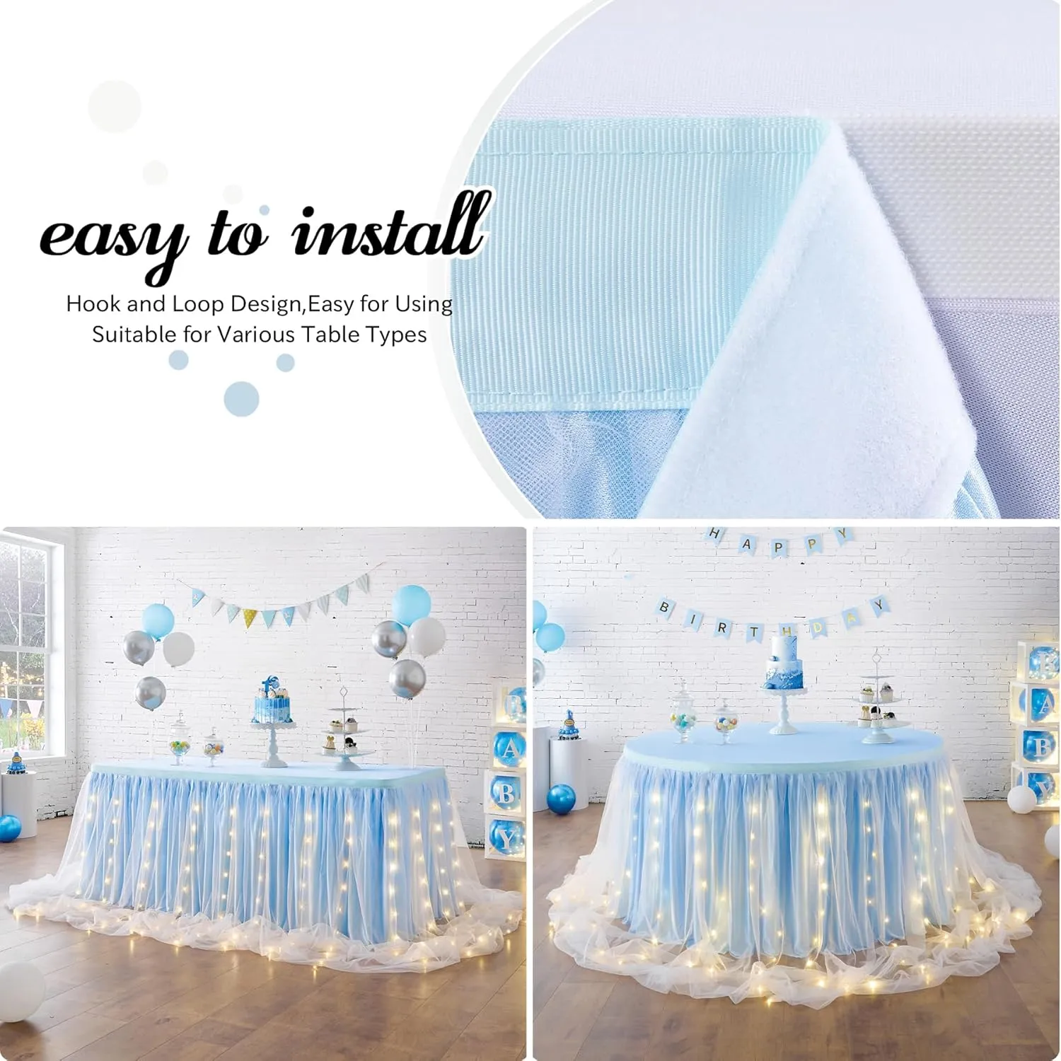 leegleri Baby Blue Tulle Tutu Table Skirt for Baby Shower Wedding and Birthday Party,LED Table Skirt for Rectangle Table (9 ft Table Skirt)