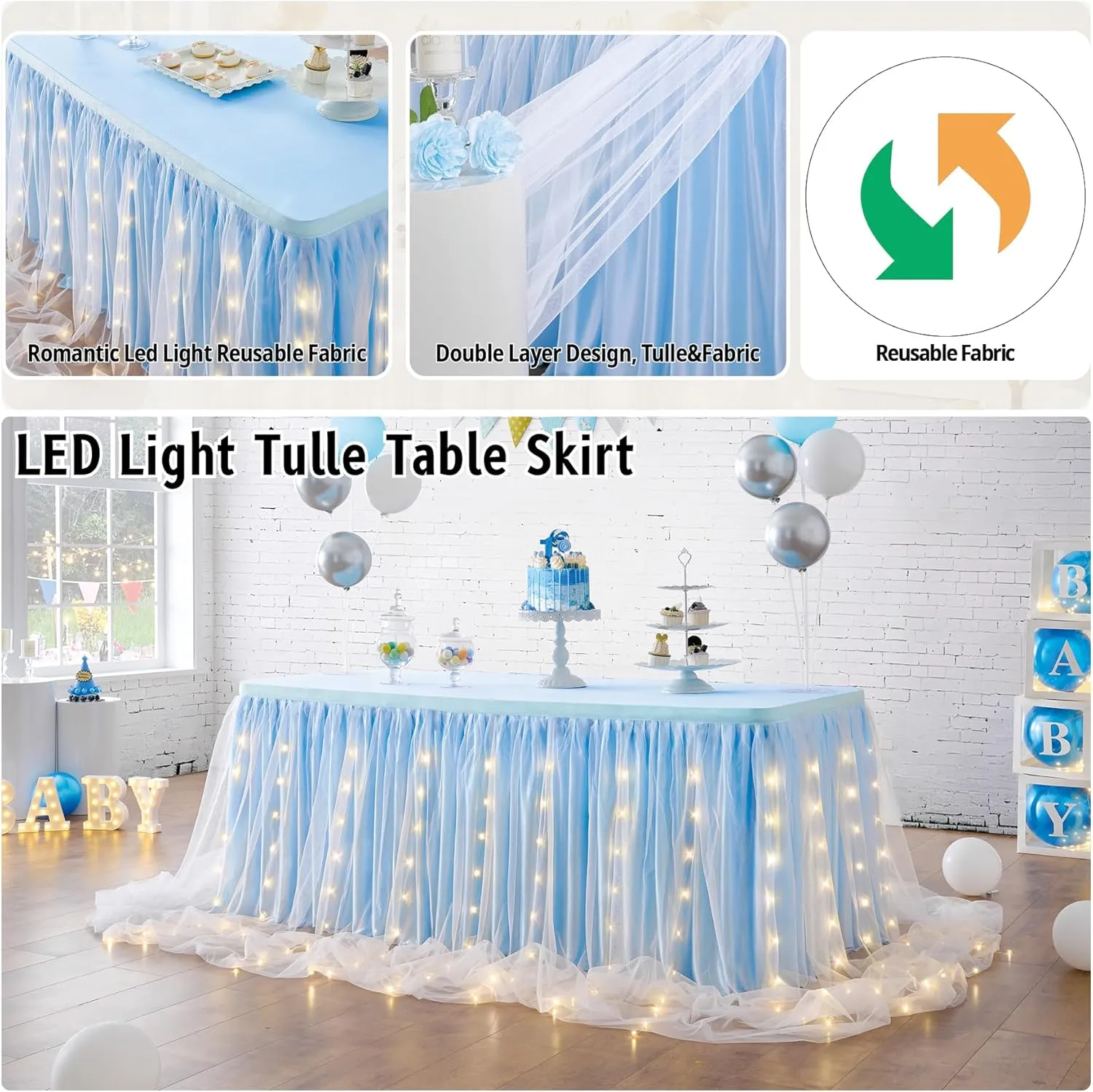 leegleri Baby Blue Tulle Tutu Table Skirt for Baby Shower Wedding and Birthday Party,LED Table Skirt for Rectangle Table (9 ft Table Skirt)