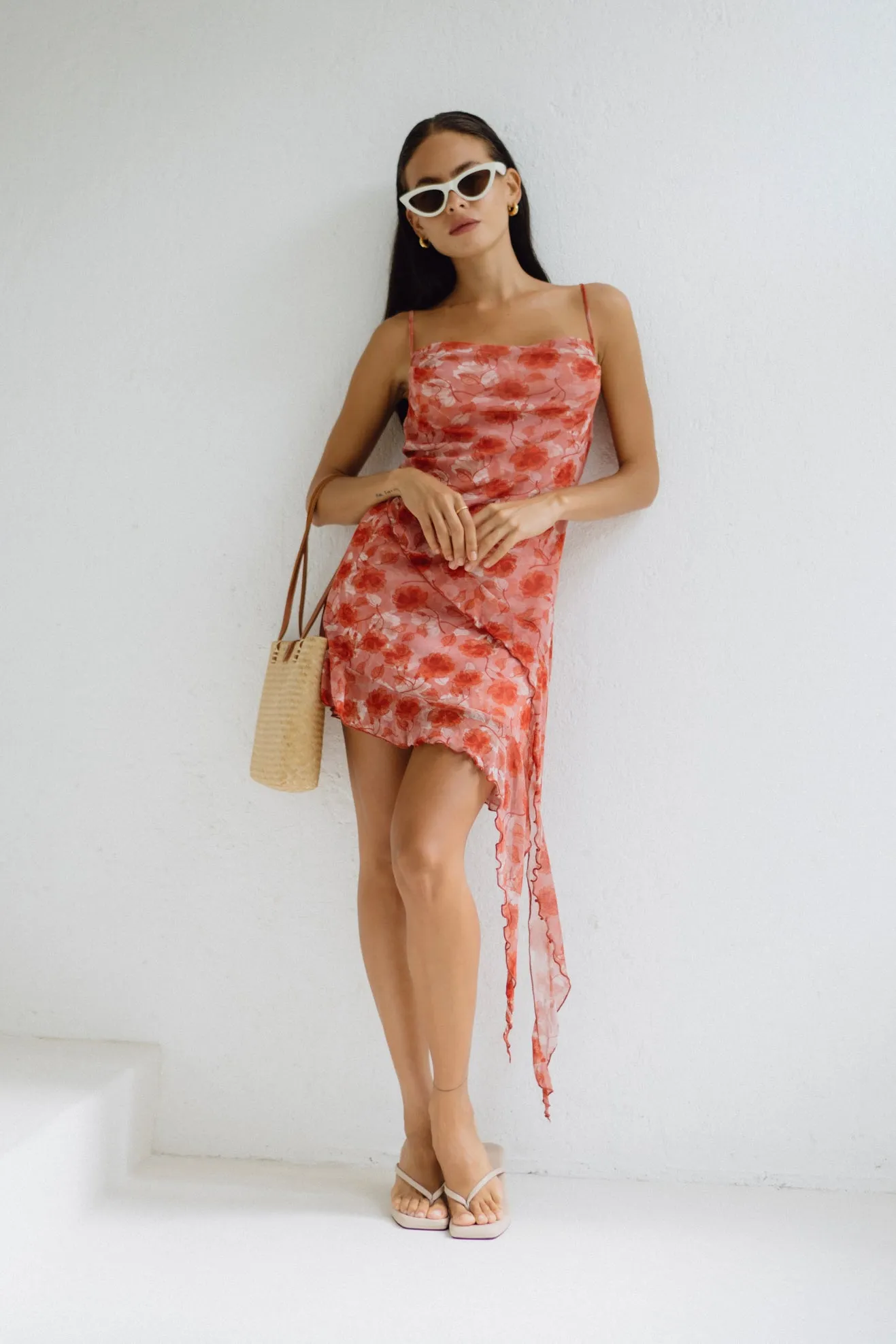 Liv Red Floral Cascading Frill Mesh Mini Dress