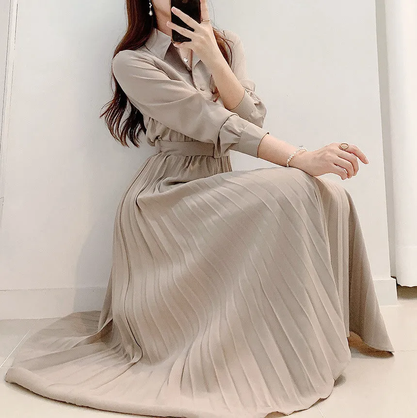 Luexco Pleated Midi Shirt Dress High Waist Sash Belt