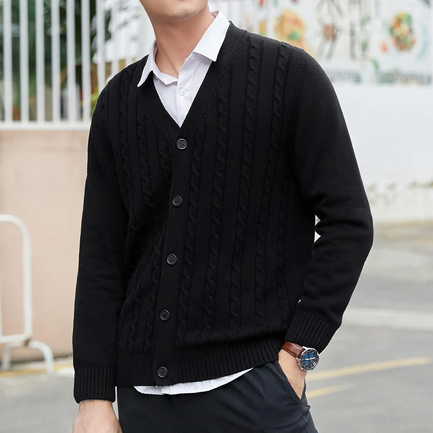 Lu's Chic Men's Long Sleeve Cardigan Sweater V Neck Chunky Cable Knit Sweaters with Buttons