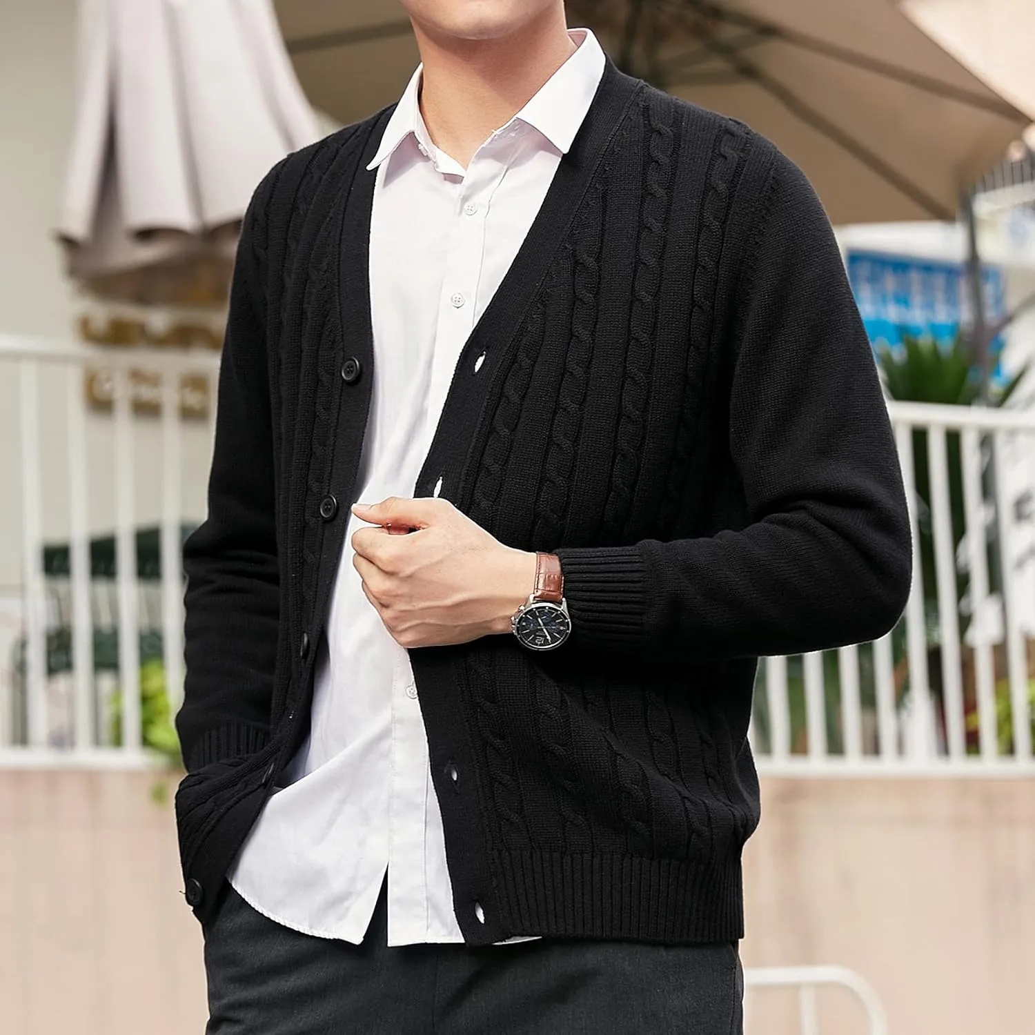 Lu's Chic Men's Long Sleeve Cardigan Sweater V Neck Chunky Cable Knit Sweaters with Buttons
