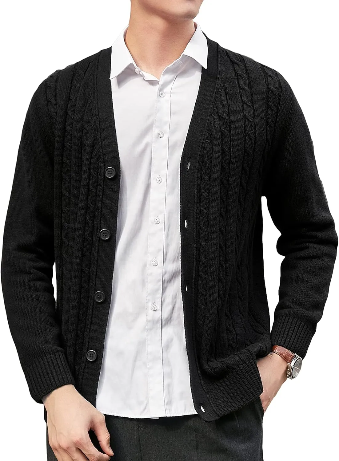 Lu's Chic Men's Long Sleeve Cardigan Sweater V Neck Chunky Cable Knit Sweaters with Buttons