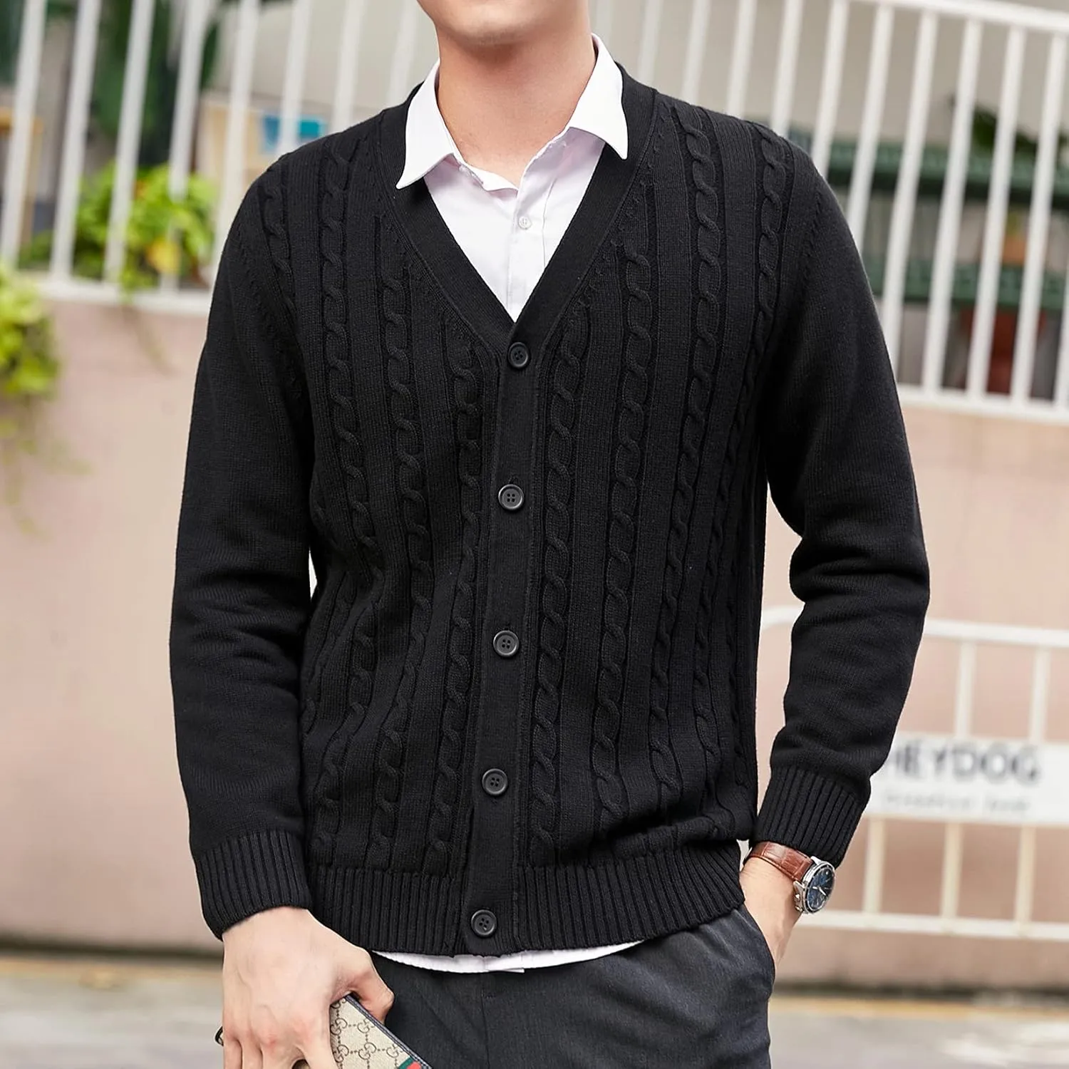 Lu's Chic Men's Long Sleeve Cardigan Sweater V Neck Chunky Cable Knit Sweaters with Buttons