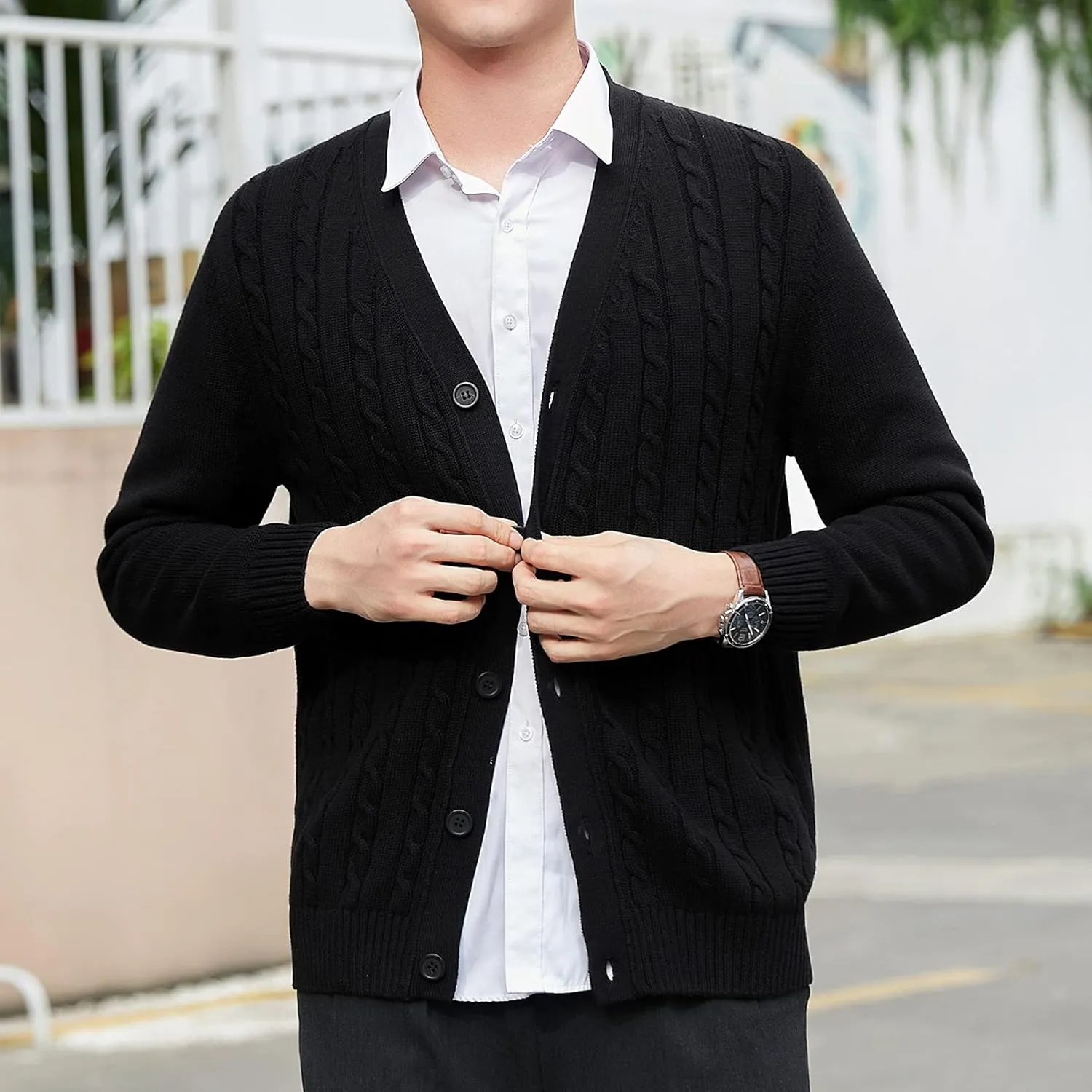 Lu's Chic Men's Long Sleeve Cardigan Sweater V Neck Chunky Cable Knit Sweaters with Buttons