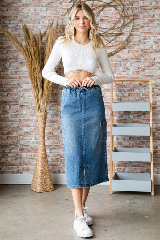 Med Wash String Cargo Pocket Denim Long Skirt