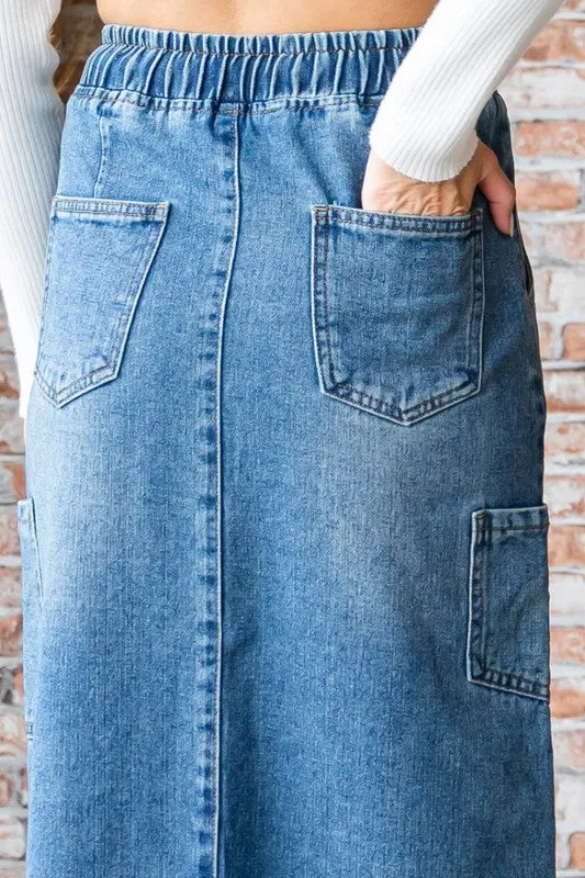 Med Wash String Cargo Pocket Denim Long Skirt