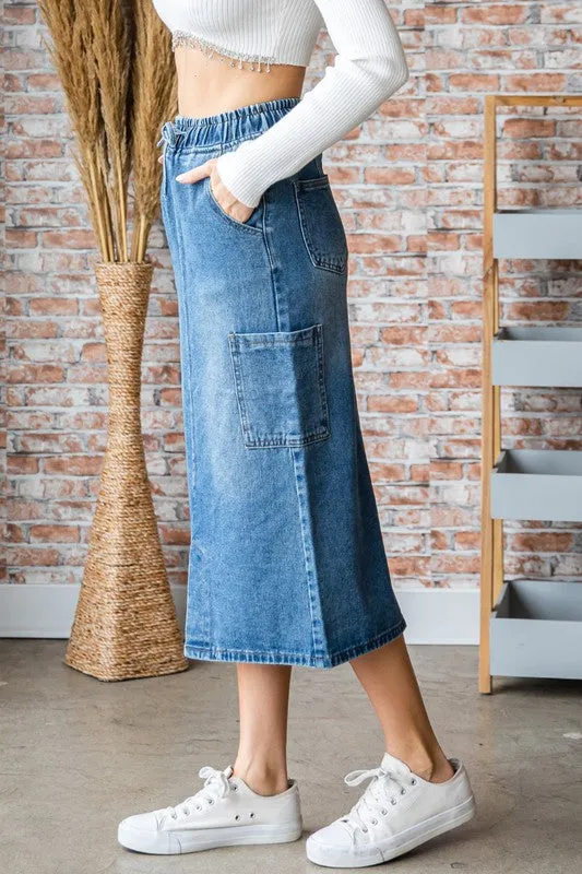 Med Wash String Cargo Pocket Denim Long Skirt