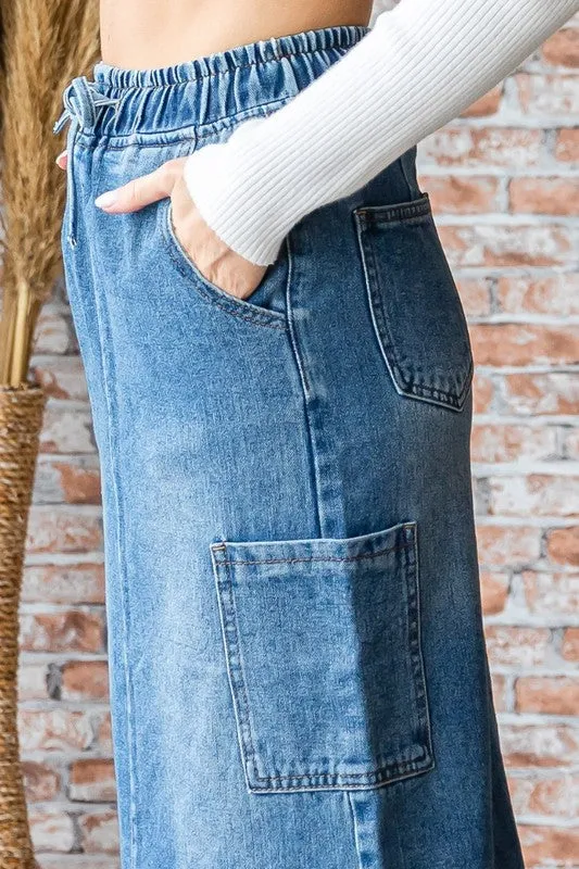 Med Wash String Cargo Pocket Denim Long Skirt