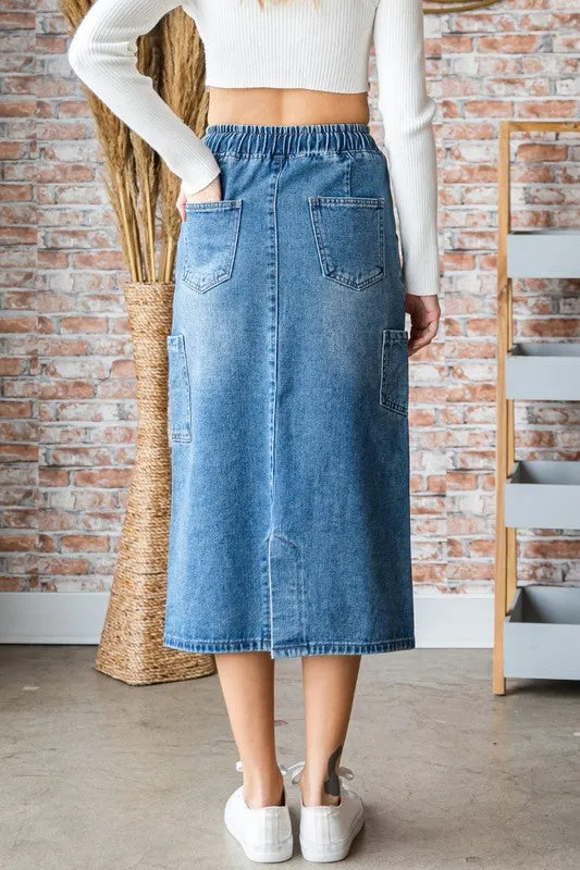 Med Wash String Cargo Pocket Denim Long Skirt