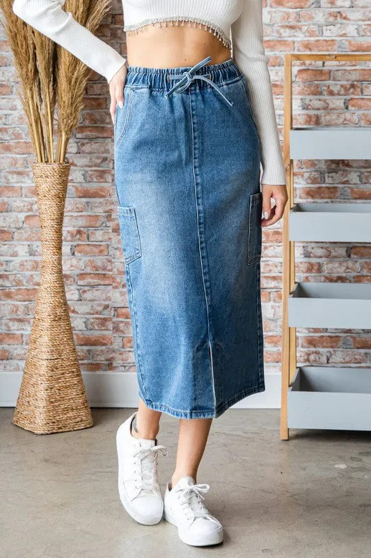 Med Wash String Cargo Pocket Denim Long Skirt