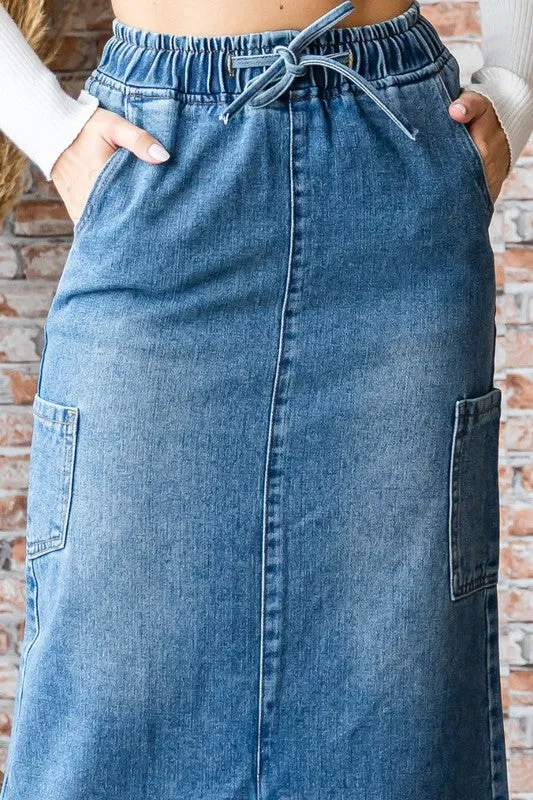 Med Wash String Cargo Pocket Denim Long Skirt