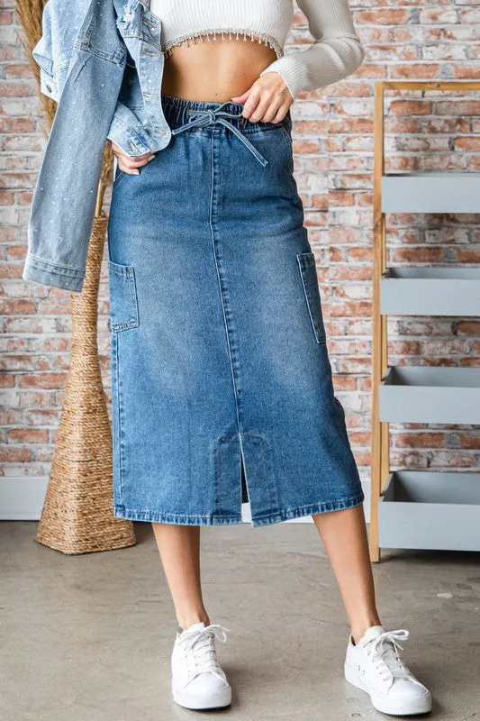 Med Wash String Cargo Pocket Denim Long Skirt