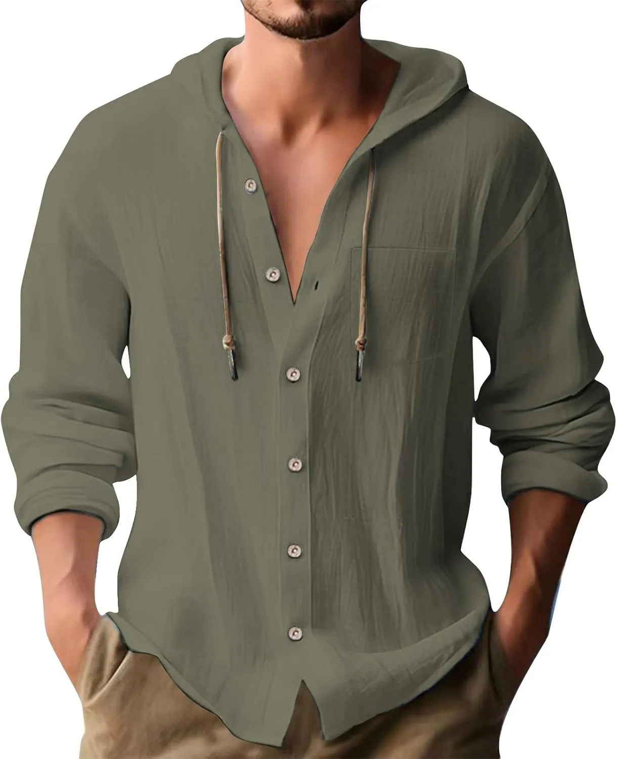 Mens Button Down Linen Hooded Roll-Up Sleeve Tops Summer Casual Hippie Tees Breathable Hawaiian Beach Yoga Shirts
