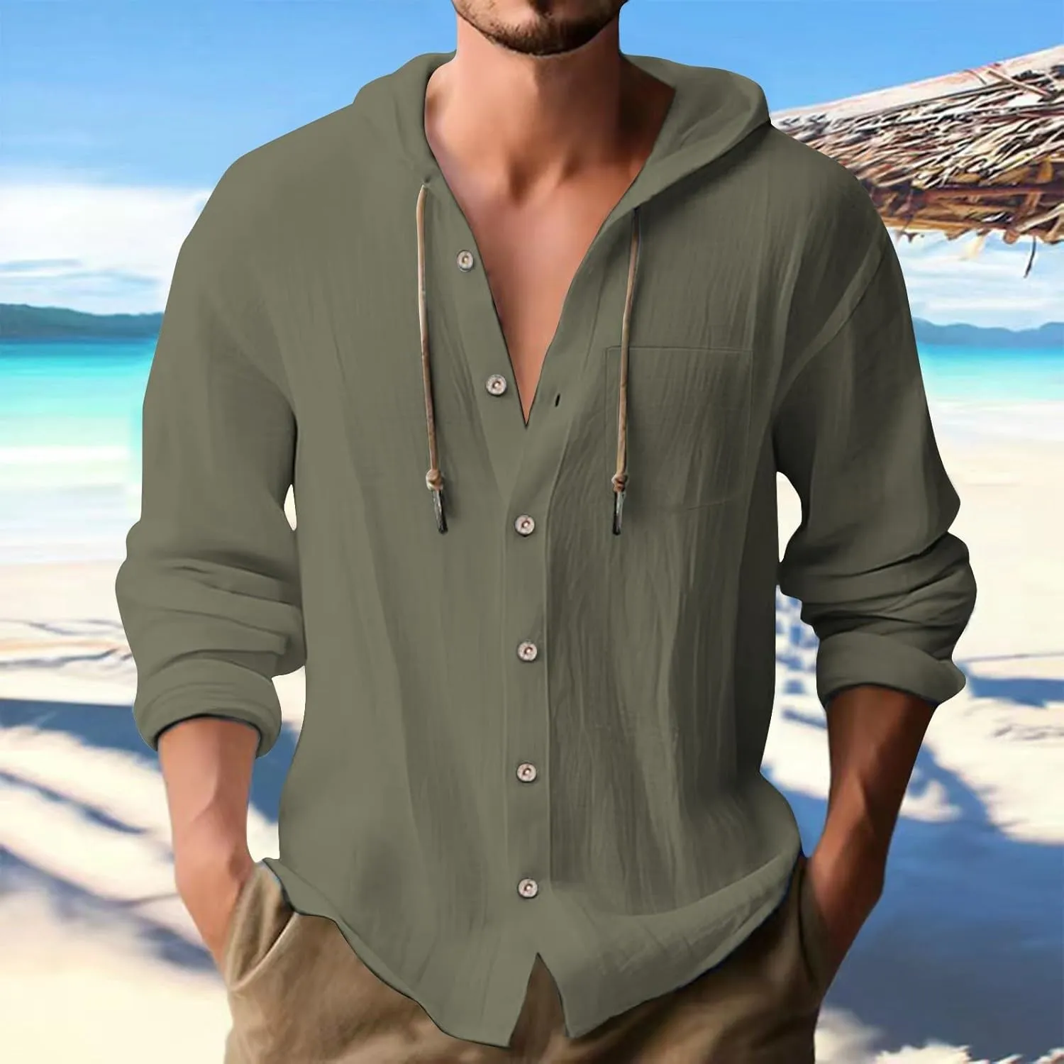Mens Button Down Linen Hooded Roll-Up Sleeve Tops Summer Casual Hippie Tees Breathable Hawaiian Beach Yoga Shirts