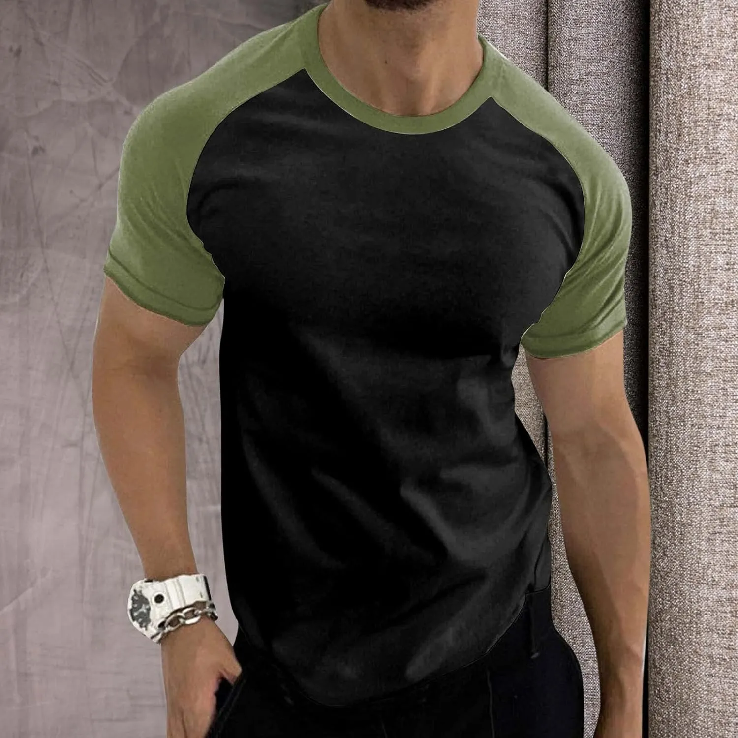 Mens Fashion Raglan T-Shirt Short Sleeve Muscle Gym Athletic Shirts Slim Fit Crewneck Stretchy Baseball Jersey Tops
