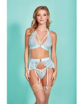 Mercedes Dross Dyed Galloon Lace Strappy Halter Bra, Garter Skirt & G-string Light Blue