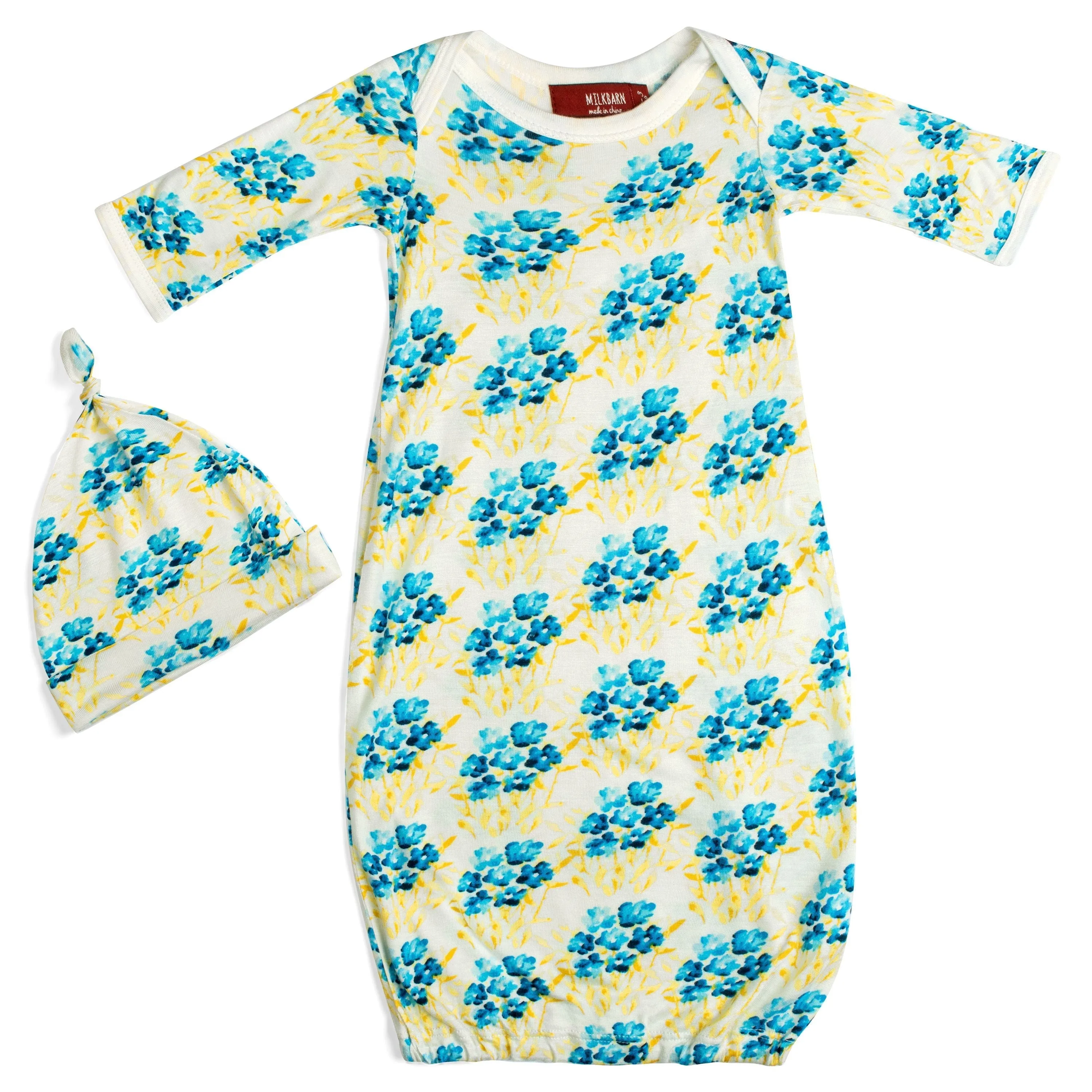 Milkbarn Kids Bamboo Newborn Gown & Hat Set | Sky Floral